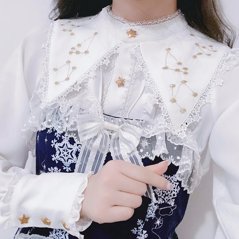 

Vintage Embroidery Gold Star Lolita White Blouse Women's Lace Long Flare Sleeve Lolita Shirt Ruffle Chiffion Blouse