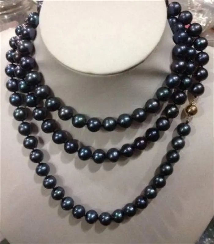 AAA 9-10MM TAHITIAN BLACK PEARL NECKLACE 50" 14K GOLD CLASP