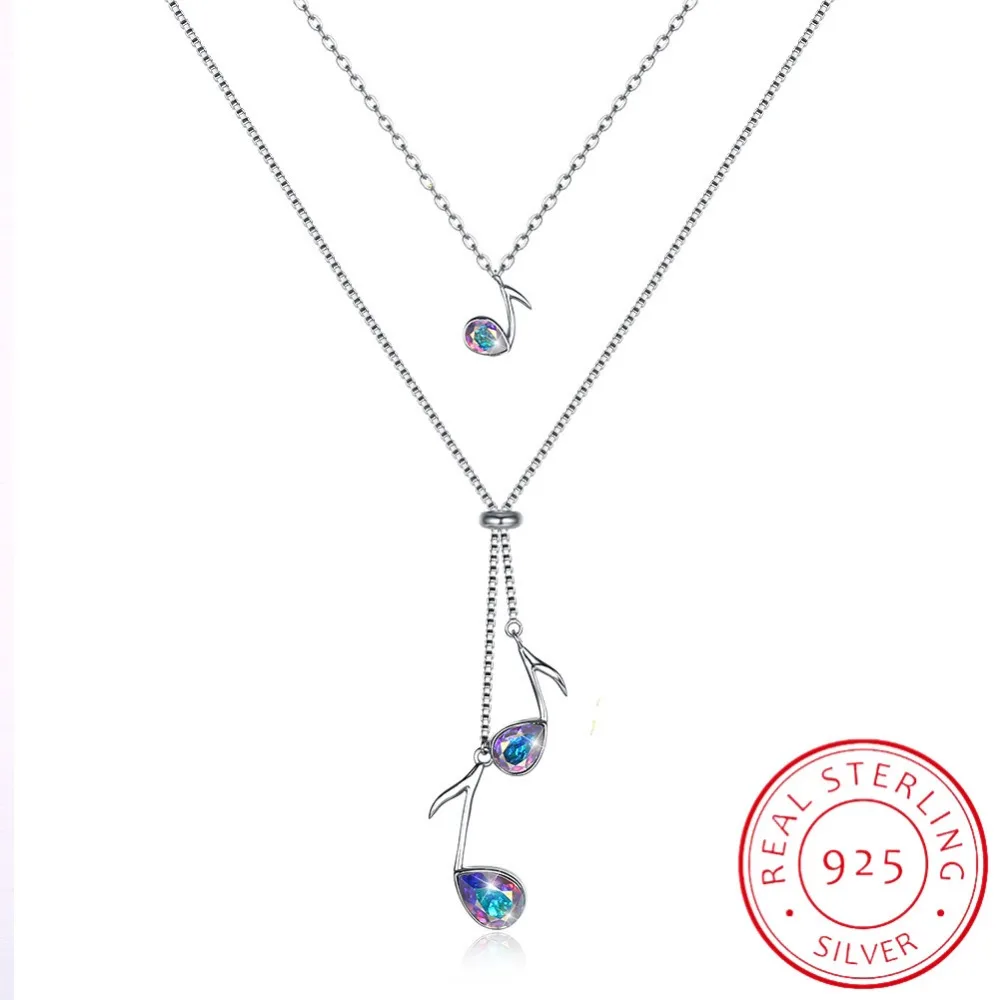 

LEKANI Crystals From Swarovski Music Note Pendant Necklaces For Women Romantic Christmas Gifts 925 Silver Double Chain Choker