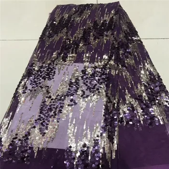 

2019 Latest African Lace Fabric High Quality Purple Color Swiss Lace Embroidered Tulle Lace Fabric with 3d Sequins 5 yards