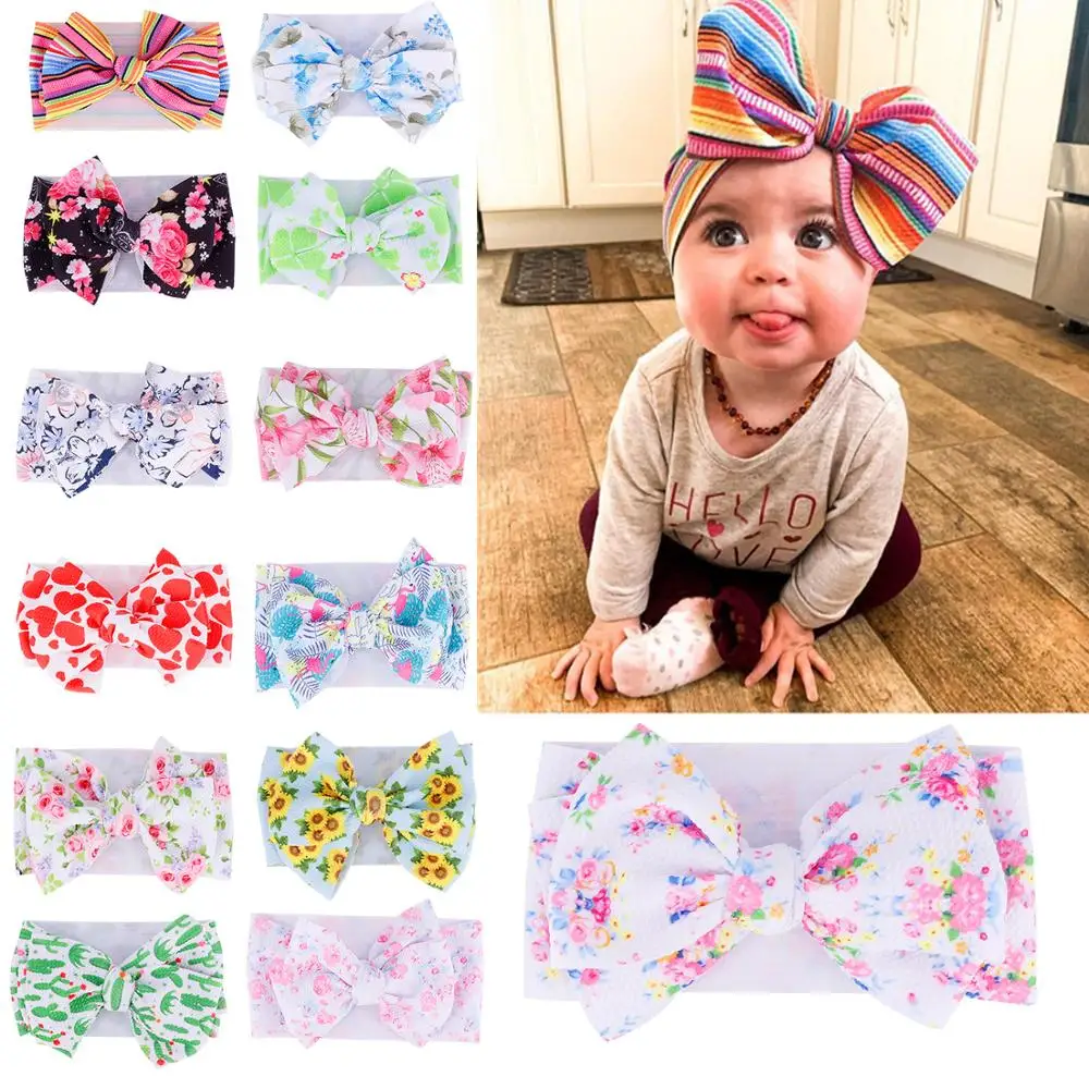 

2019 Large 7inch Floral Print Bows Girls Headband Oversized Bowknot Headwrap Kids Cotton Adjustable Turban Headbands 24pc/lot