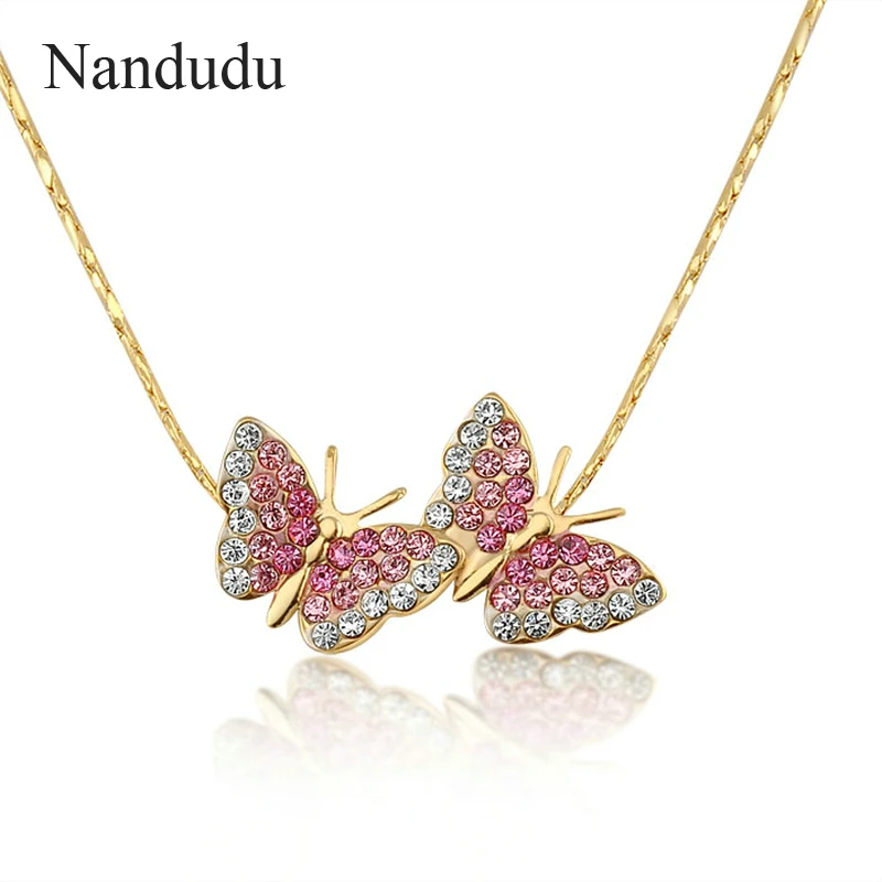 

Nandudu Hot Pink Crystal Butterfly Pendant Necklace Yellow Gold Color Chain Necklaces Fashion Jewelry Gift N880