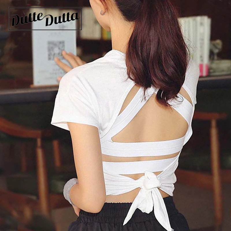 Comprar Camisetas de entrenamiento para mujer ropa deportiva gimnasio espalda abierta deporte Yoga superior camiseta femenina Fitness camisa Jersey mujer ropa deportiva