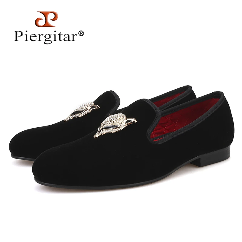 

Piergitar 2018 New Style Men Velvet Shoes with Fox Rhinestone buckle Wedding Loafers Smoking Slipper Men Flats Size US 4-17