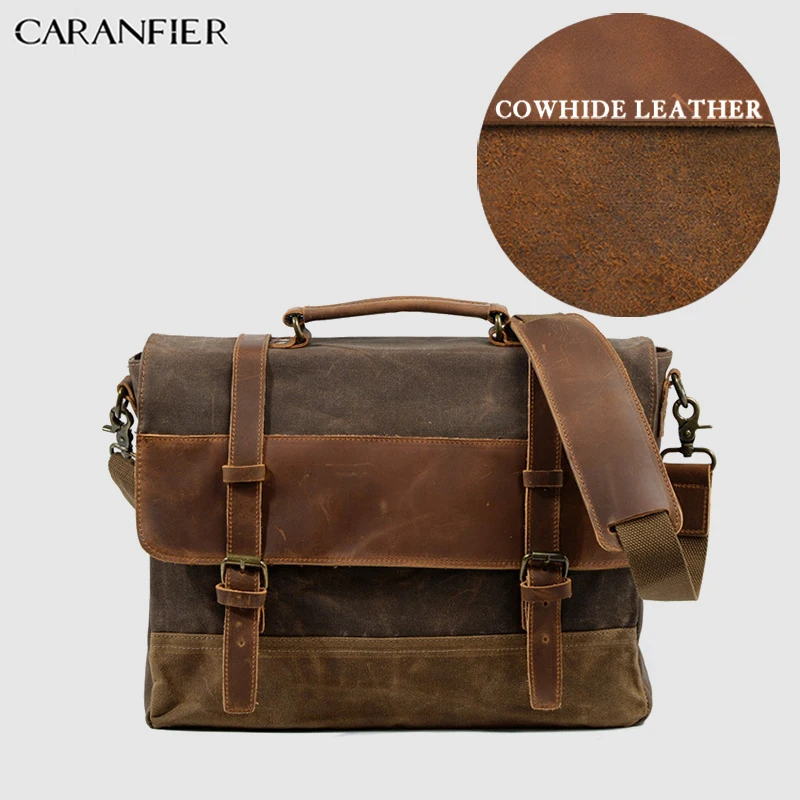 

CARANFIER Mens Briefcase Business Oil Wax Cow Leather Canvas Unisex Messenger Bag Large Capacity Laptop Shoulder Handbags 2019