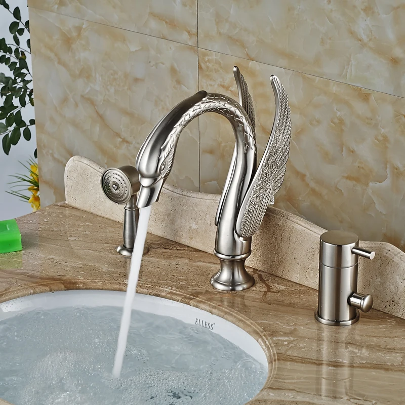Swan Bathtub Faucet Widespread 3 Holes Brushed Nickel Tub Mixer Tap Deck Mount Single Handle