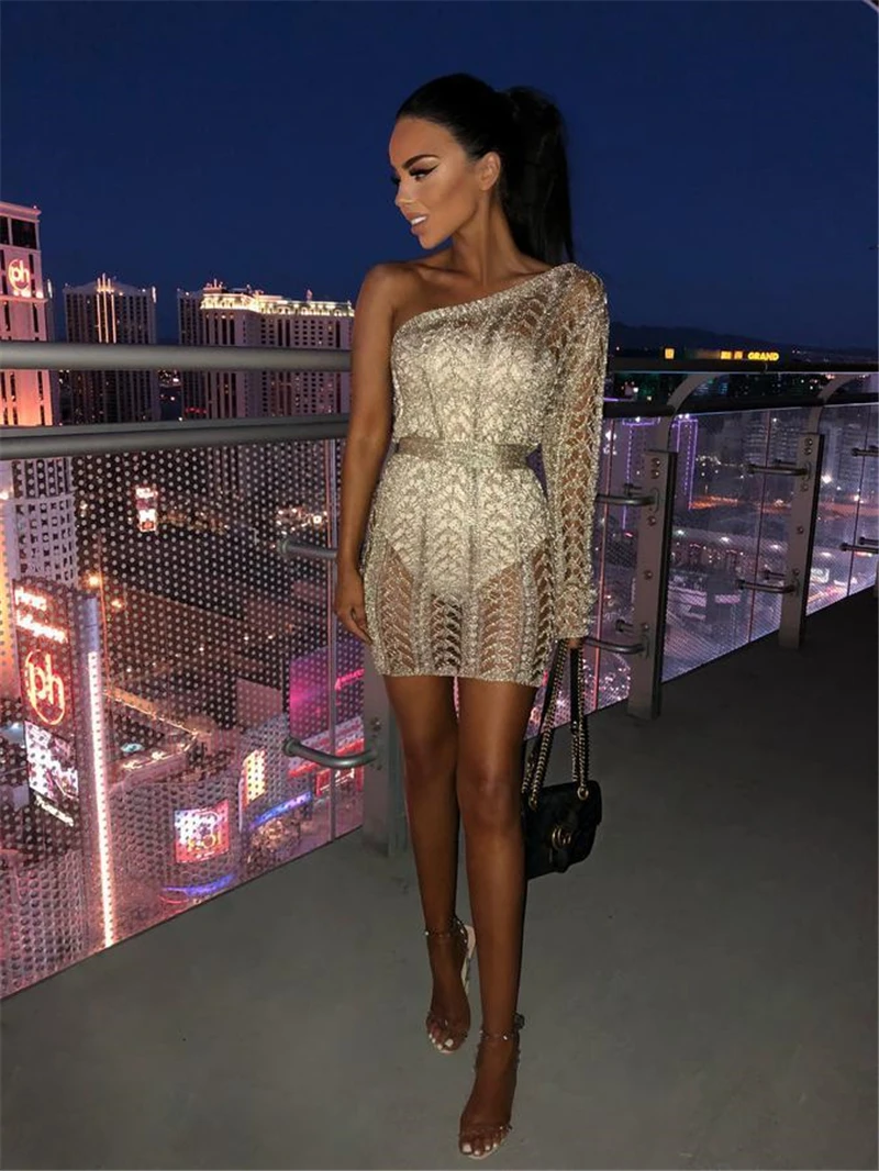 

New Sexy Women Autumn Winter One shoulder Mini Dress Hollow Out Sexy Knit Dress Clubwear Outfit
