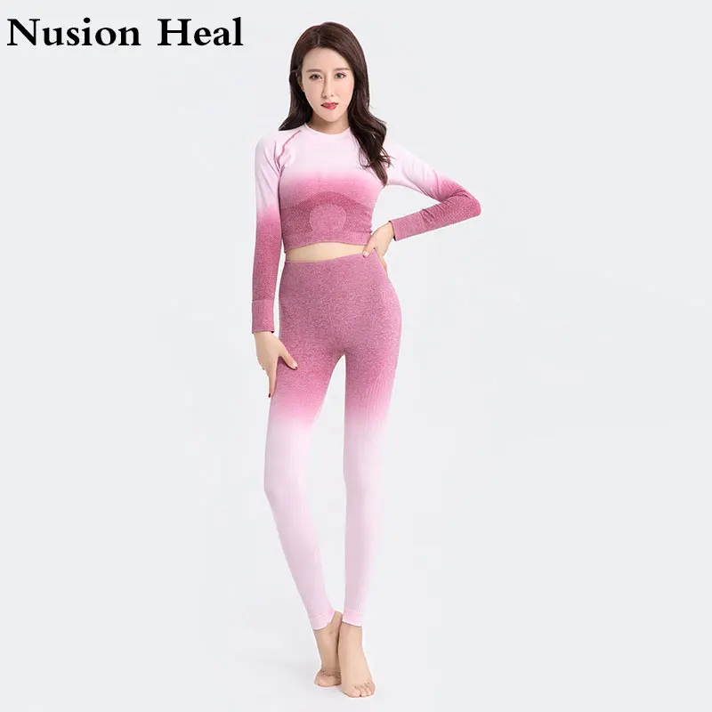 

Women Yoga Set Gym Clothing Ombre Seamless Leggings+Cropped Shirts Workout Sport Suit Women Long Sleeve Fitness Set Active Wear