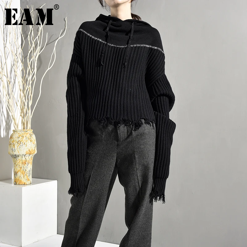 ^*Best Offers [EAM] 2020 New Spring Autumn Hooded Collar Long Sleeve Black Tassels Loose Big Size Knitting Warm Sweater Women Fashion JI5080