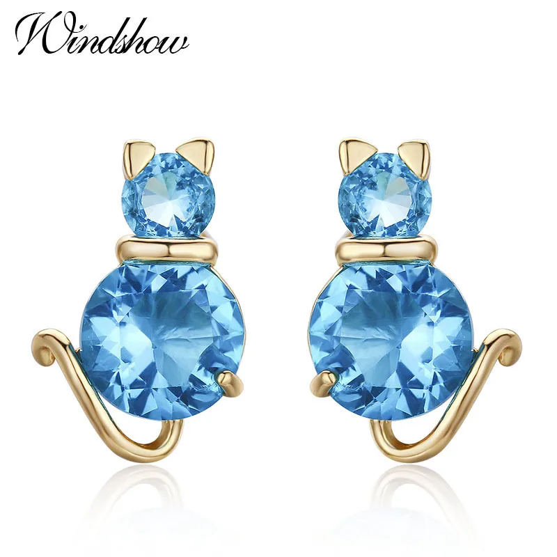 

Cute Yellow Gold Color Kitty Cat Gato Round Ocean Blue Crystal Small Stud Earrings for Women Children Girls Baby Kids Jewelry