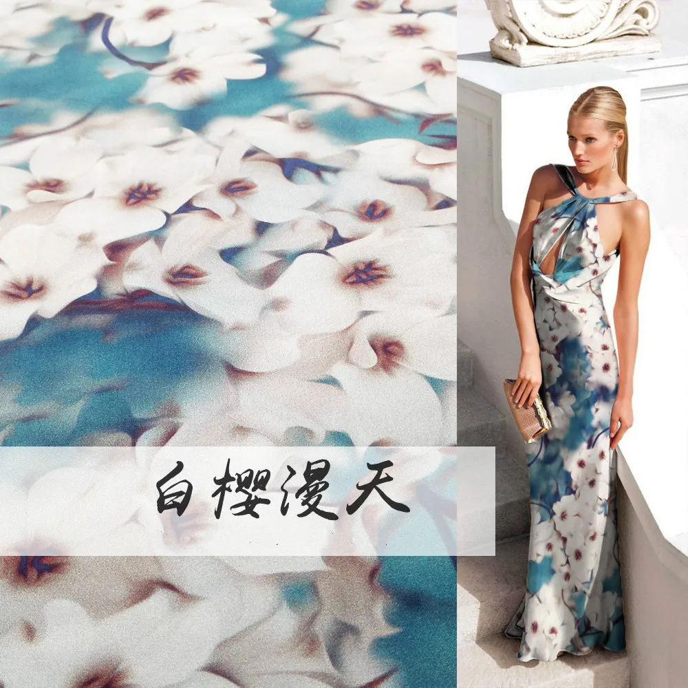 

108cm inkjet silk stretch satin fabric new 19mm White cherry pattern shirt dress stretch silk satin fabric wholesale silk cloth