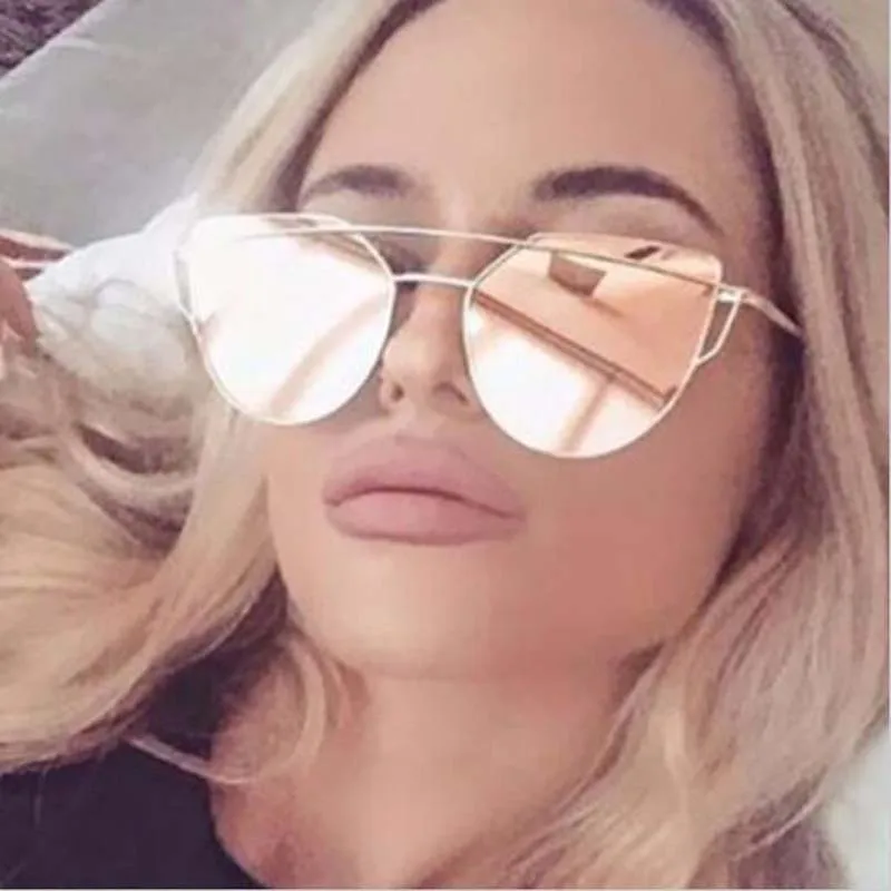 

Alloy Cat Eye vintage Brand designer rose gold mirror Sunglasses For Women Metal Reflective flat lens Sun Glasses Female oculos
