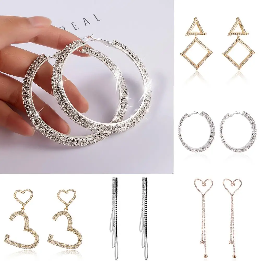 

Fashion New Hot Heart Long Tassel Rhinestone Earrings Elegant Crystal Big Circle Geometric Earrings Jewelry Women Girl Best Gift