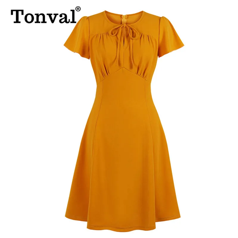 Tonval Vintage Bow Tie Neck High Waist Orange Women Dress Office Lady Elegant Fit and Flare Work Solid Dresses - Color: Orange