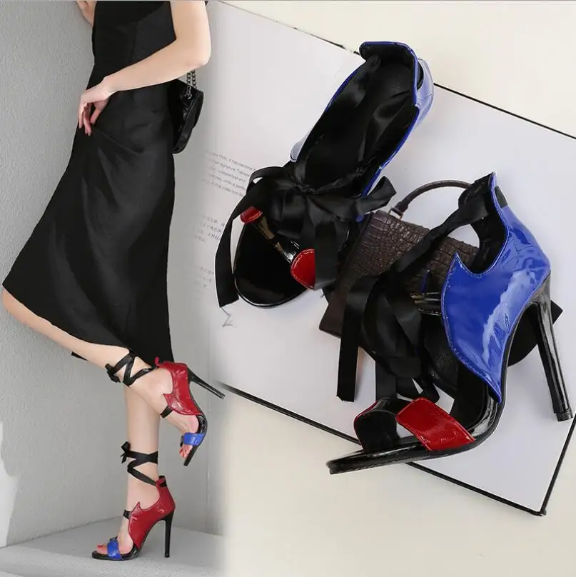 

2019 New Arrivals Summer Sandals Cross Tie Strappy shoes Open Toe Cut Out High Heel Big Size Lady Dress Runway Shoes