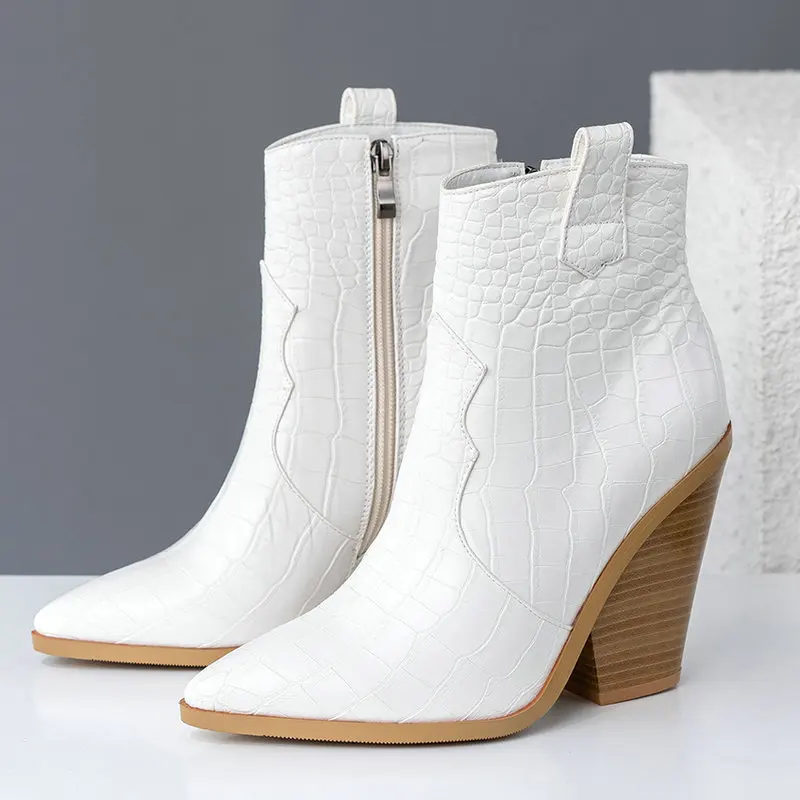 Online Otoño Botines mujer Pu cuero cuñas tacones altos botas occidentales punta puntiaguda cremallera moda invierno botas de Mujer Zapatos mujer