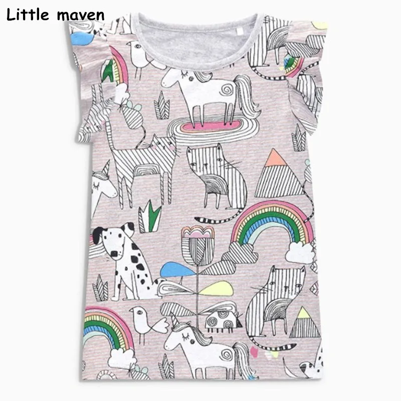 Little maven/детей летняя детская одежда для девочек с коротким рукавом Футболка животных печати хлопок брендовые Топы 50959