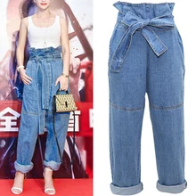 Женские штаны-шаровары, джинсы, Модные Винтажные рваные джинсовые брюки с высокой талией на шнурке, свободные брюки, женская одежда