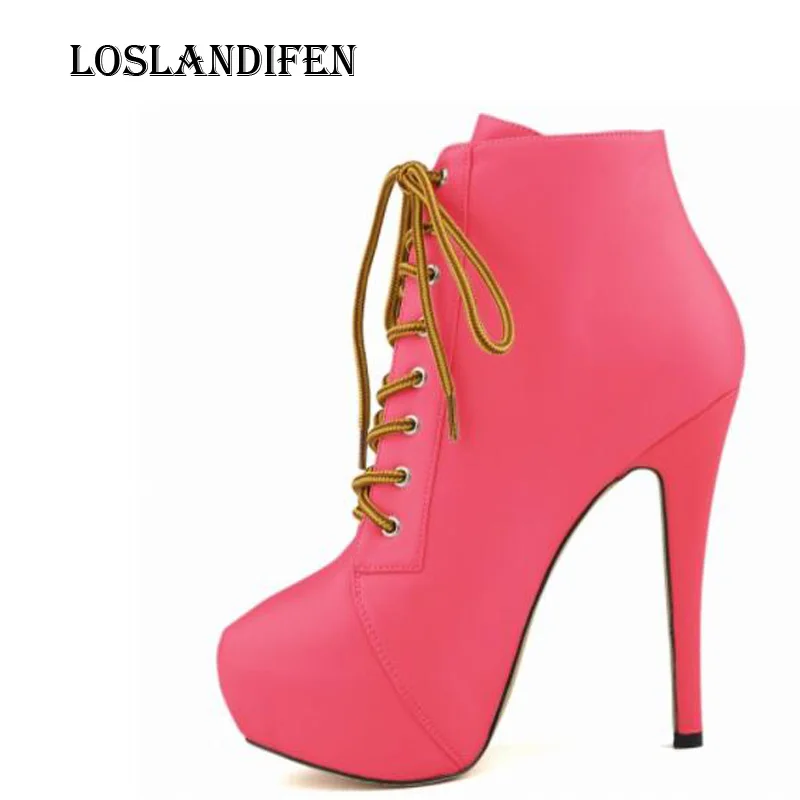 

Loslandifen Women Fashion Round Toe Lace Up Candy Color Office High Heel Boots Shoes Plus Size 35-42 Ladies Martin Boots