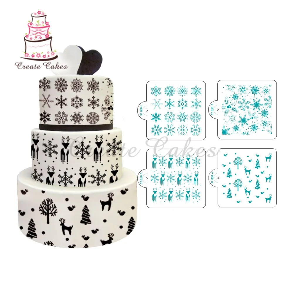 4Pcs/Set Christmas Cake Stencil Snowflake Pattern Stencil for Cake