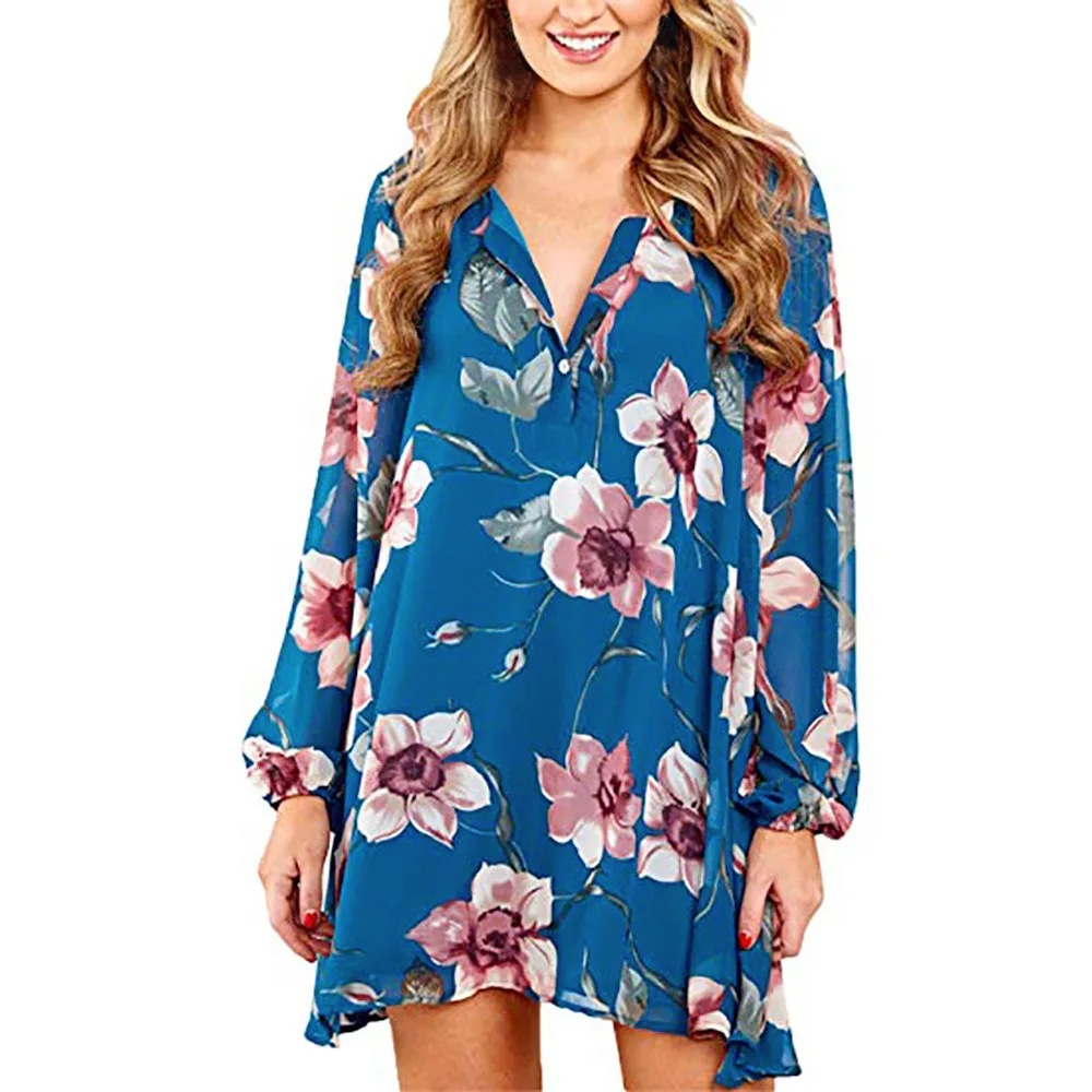

2019 new Women Casual Boho Floral Printing V Neck Long Sleeve Mini Dress Beach Dress vestidos de playa para mujer beach tunics