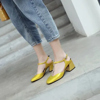 

GPOKHDS 2019 women sandals Cow leather buckle strap Summer chains blue color square toe Rome style high heels sandals