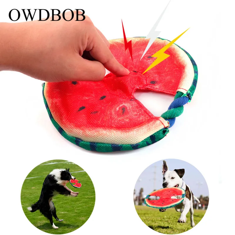 

OWDBOB Watermelon Shape Dog Toy Cotton Rope Canvas Fetch Flying Discs Toy Interactive Dog Chew Squeaker Squeaky Sound Toys