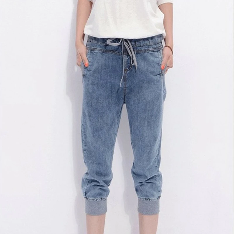 

2018 Summer New elastic waist denim cropped trousers large size women's Haren jeans seven points fashion loose pants 3002#