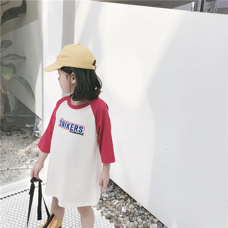 

2019 children clothing new summer baby girls long letter patchwork T shirt kids Korean loose leisure tops