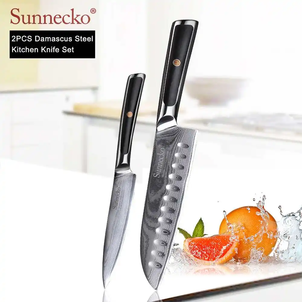 SUNNECKO дамасский нож шеф-повара для очистки хлеба Santoku нож для стейка японский VG10 Сталь G10 ручка для резки мяса набор кухонных ножей - Цвет: 2pcs Set C