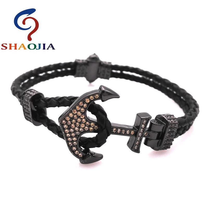 

SHAOJIA FASHION Men Bracelet Micro-white Zircon Black Braided Rope Anchor Leather Chain Bracelets Punk Rock Style Male Jewelry
