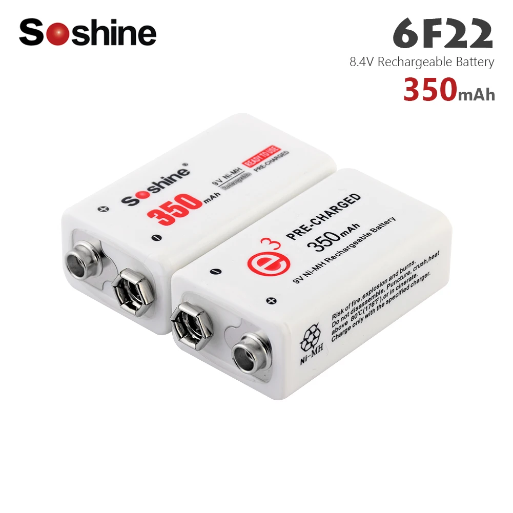 

Soshine 2pcs 9V 350mAh 6F22 Ni-MH Rechargeable Battery 9V NiMH PPP3 6LR61 Batteries For Smoke RC Camera Drone Accessories