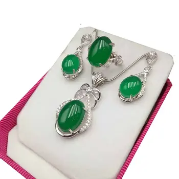 

925 Silver Natural Green Grass Chalcedony Finger Ring Pendant Necklace Earring Women Mens Jade Gemstone Jewelry Gift Wholesale