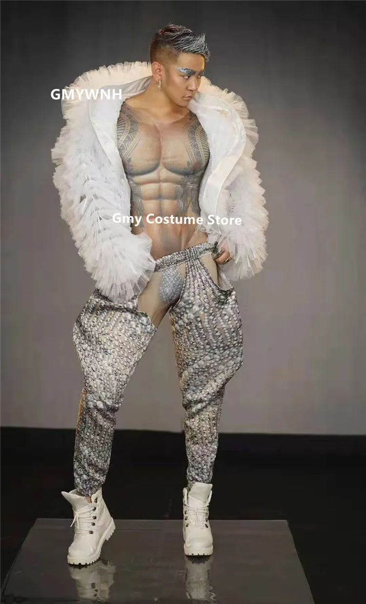 Y59 сексуальные мужские gogo Сценические костюмы для танцев Одежда с принтом боди полюс танцевальная куртка Мужские вечерние для выступления певца наряд Одежда dj