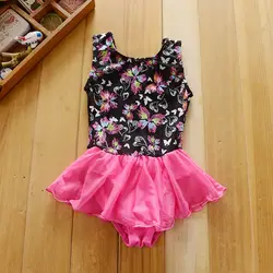 Гимнастика платье для девочек майка с принтом бабочки купальник с ярко розовая юбка гимнастический купальник
