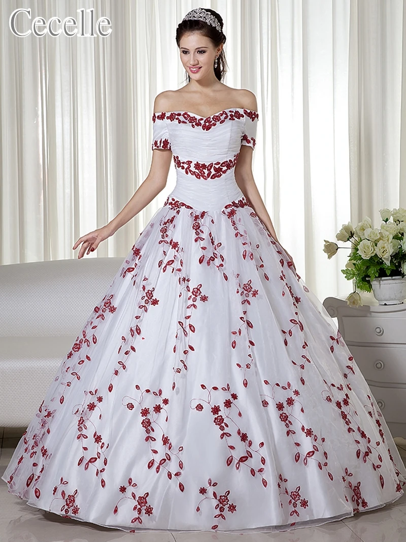 34331 8 De Réduction2019 Vraie Robe De Bal Blanche Et Rouge Robes De Mariée Colorées Hors De Lépaule Broderie Corset Dos Robes De Mariée Non