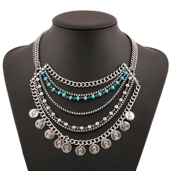 

Bohemian Coin Statement Necklaces Vintage Silver Color Colar Collier Femme Choker Collar Multi-Layer Necklaces for Women Gipsy