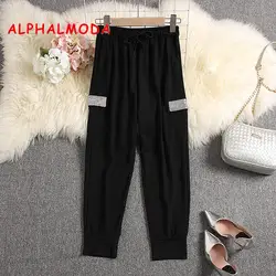 ALPHALMODA Лето 2019 г. Женские повседневные штаны для девочек с кристалалми и стразами искусственный карман Дамская мода шаровары