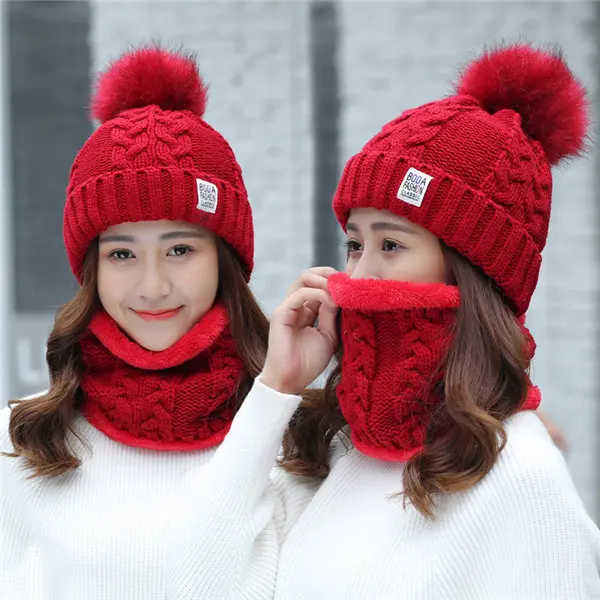 Женская зимняя шапка, лыжный бренд, большие Меховые помпоны, вязаные шапки, шарф, шапка, набор, зимняя женская шапка, теплая шапка Skullies, женская шапка - Цвет: Red 1 set