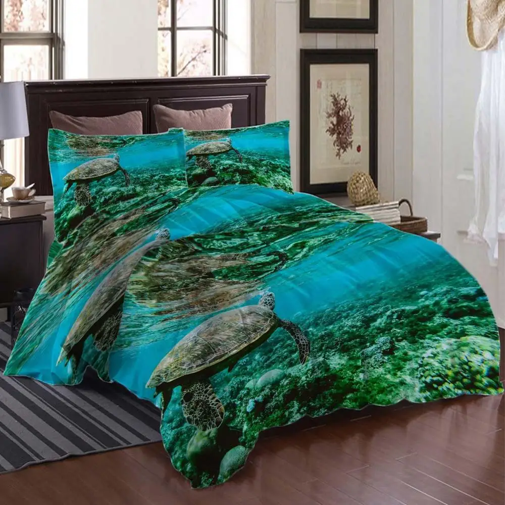 Sea life turtle Bedding Quilt Cover Duvet Set Pillowcase Microfiber Soft Comforter Bedroom Single Queen King | Дом и сад