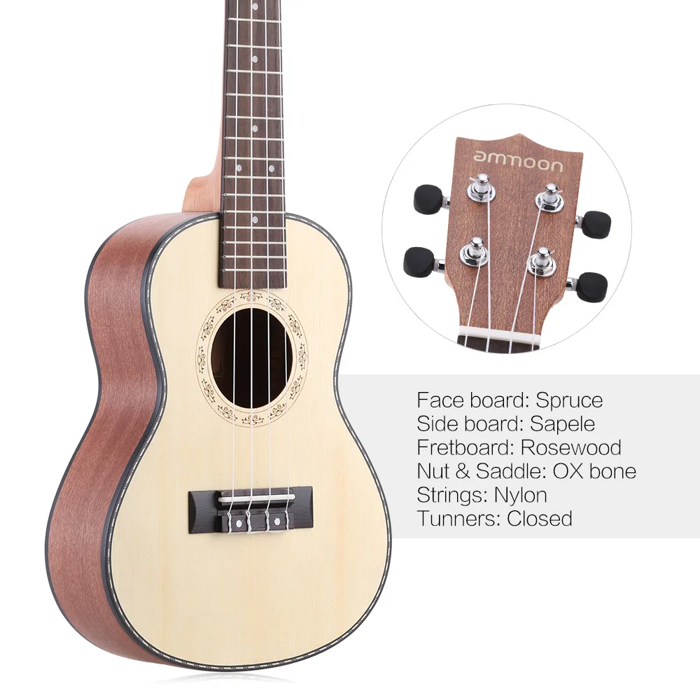 Ammoon 2" ель Sapele Ukulele палисандр гриф 4 струны музыкальный инструмент подарок на год