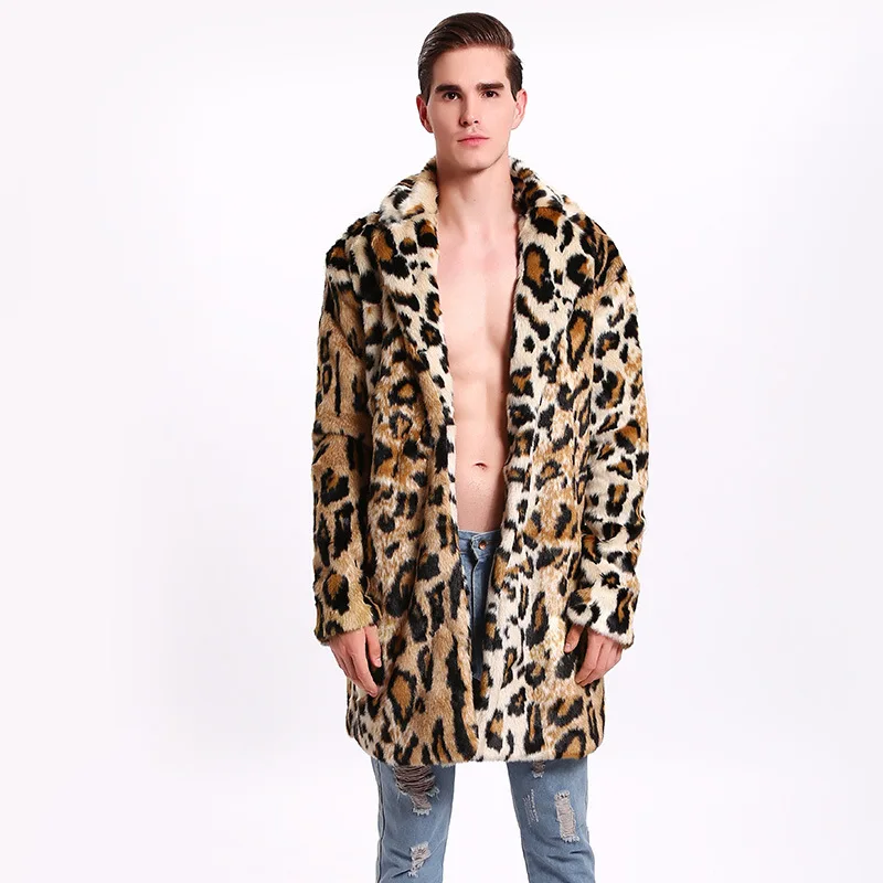 

2018 New Men High Quality Leopard Fur Long Coat Turn-down Collar Trends Faux Rabbit Fur Leather Jacket Mens Loose Warm Overcoat