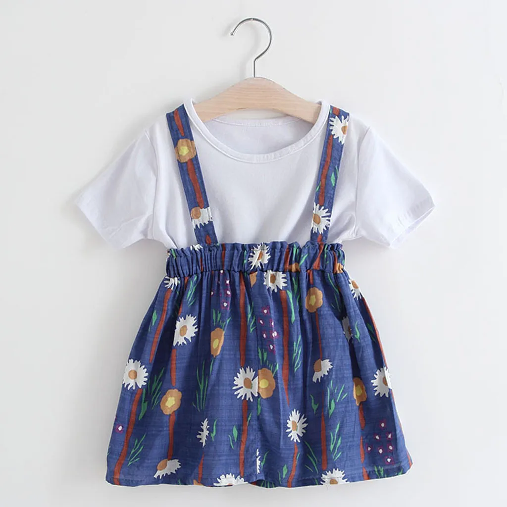 

2019 New Kids' Fashionable Toddler Baby Kids Girls White Solid T-shirt Tops Floral Suspender Skirt Outift Set Two-piece Suit
