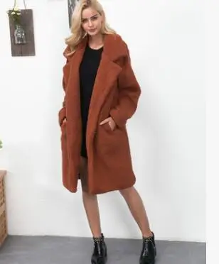 Осенне-зимняя одежда теплое длинное пальто из искусственного меха модное женское пальто больших размеров с длинными рукавами куртка из овчины подходит для женщин 1937 - Цвет: brown