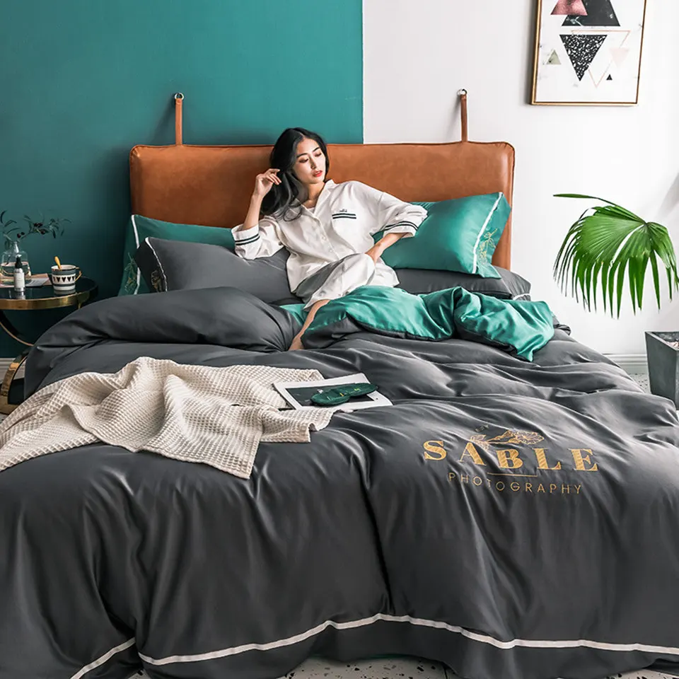 

Silk Bed Linens Grey Embroidered Bed Covers Nordic Style Simple Queen Size Bed Sheets Set European Bedding Set Green Flat Sheet