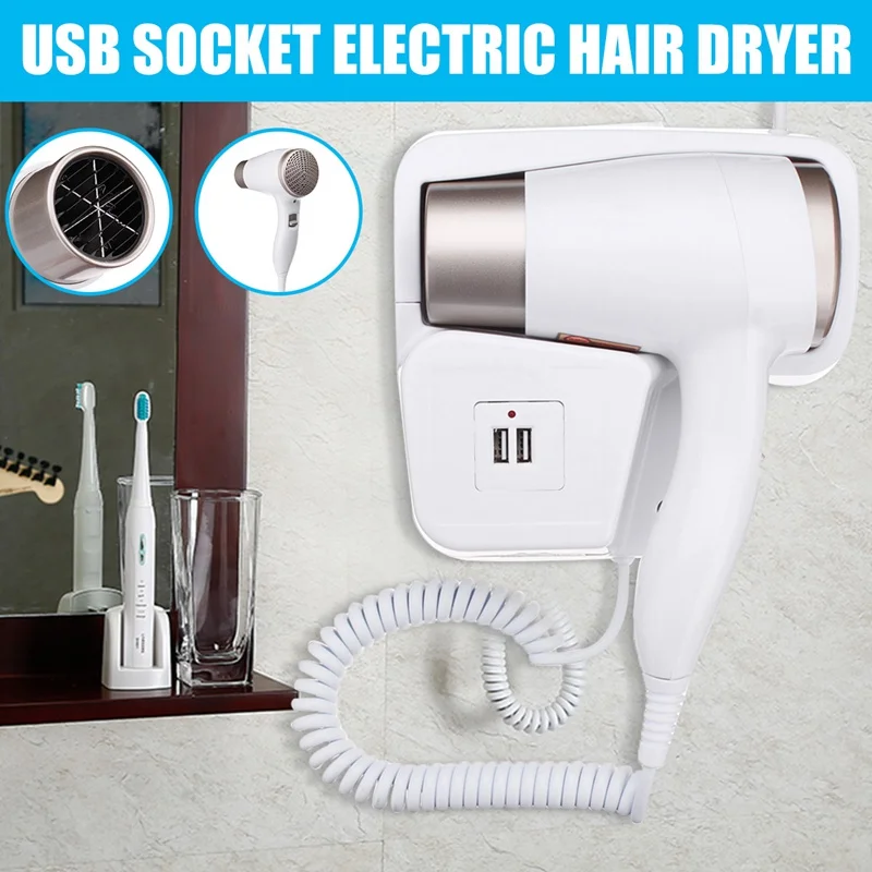 220V 1300W 2 Modes Adjustable Usb Socket Wall Hanging Type Electric Hotel Home Bathroom Hair Dryer Holder Salon Hair Blow Drye