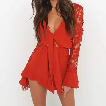 

Sexy Ladies Deep V Line Jumpsuit Women Romper Lace Up Hollow Summer Beach Loose Jumpsuit Female Night Club Party Bodysuits