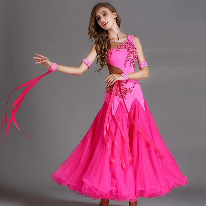 Гладкое бальное платье, женские платья для конкурса бальных танцев, стандартный Венский вальс, платье, Одежда для танцев, Женская Блестящая розовая