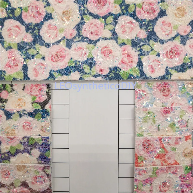 

90X134CM Rose Printed Glitter Fabric, Cuero Sintetico Lace Glitter Leather For Making Bows Accessories LEOsyntheticoDIY P808