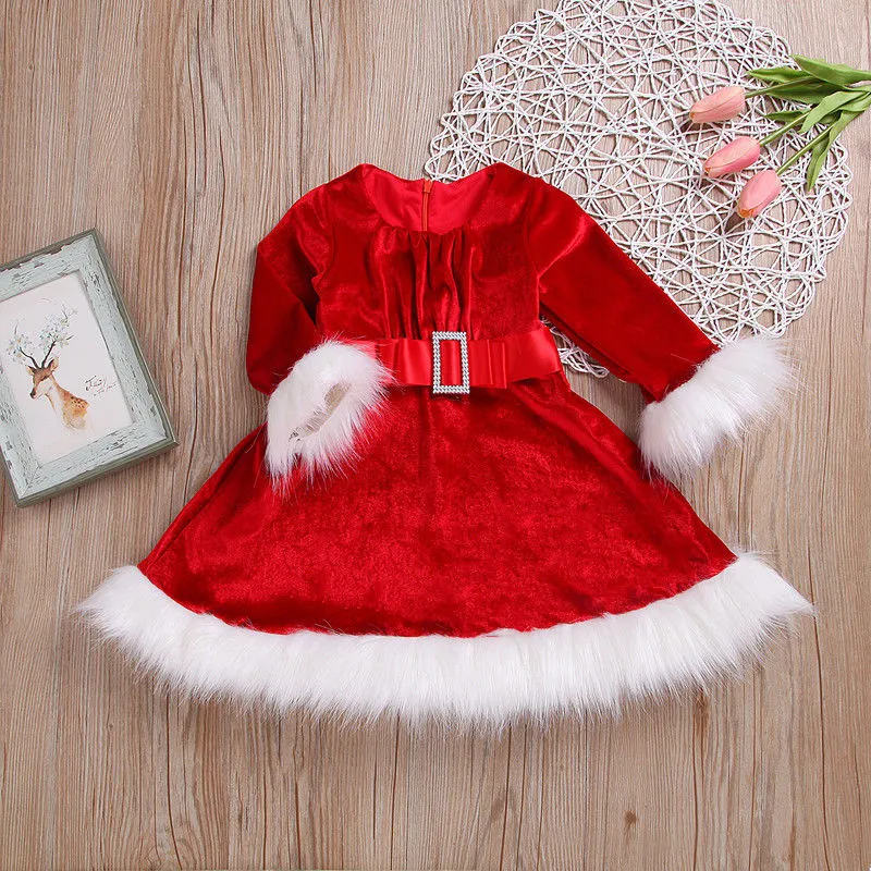Рождественское красное бархатное платье для девочек; Новинка года; рождественское платье принцессы с длинными рукавами и мехом для маленьких девочек; рождественское цельнокроеное платье принцессы Санта-Клауса - Цвет: As Photo Show